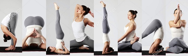 Yoga collage. young woman doing yoga exercises